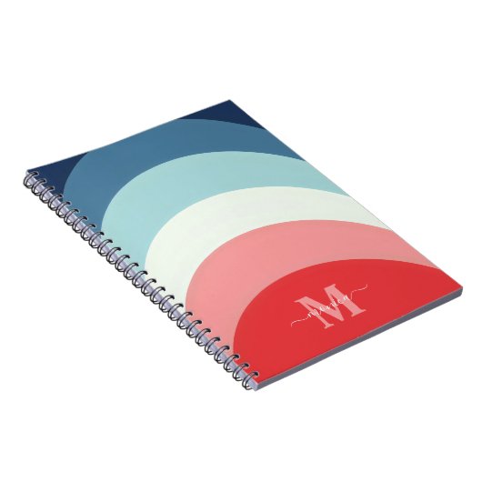 Blauw Roze Regenboog Curve Strepen Monogram Naam Notitieboek (Rechterzijde)