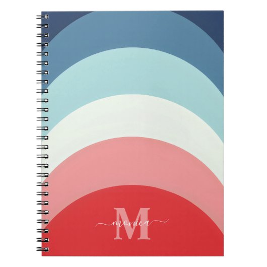 Blauw Roze Regenboog Curve Strepen Monogram Naam Notitieboek (Voorkant)