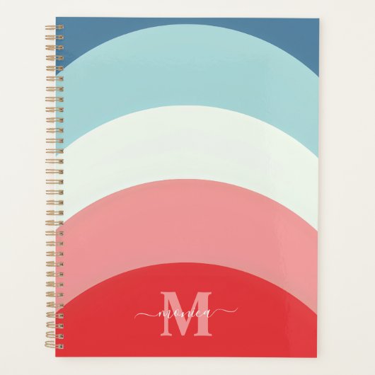 Blauw Roze Regenboog Curve Strepen Monogram Naam Planner (Voorkant)