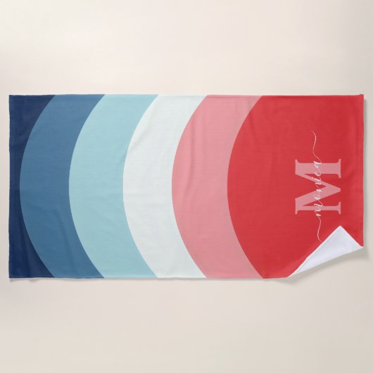 Blauw Roze Regenboog Curve Strepen Monogram Naam Strandlaken (Voorkant)