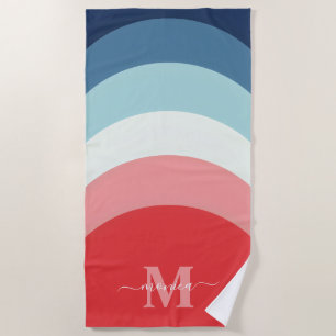 Blauw Roze Regenboog Curve Strepen Monogram Naam Strandlaken