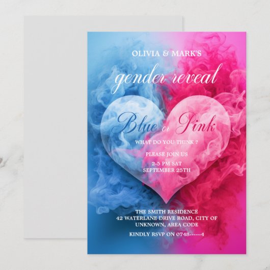 Blauw Roze Rook Hart Baby Geslacht Onthullen Parti Kaart (Voorkant / Achterkant)