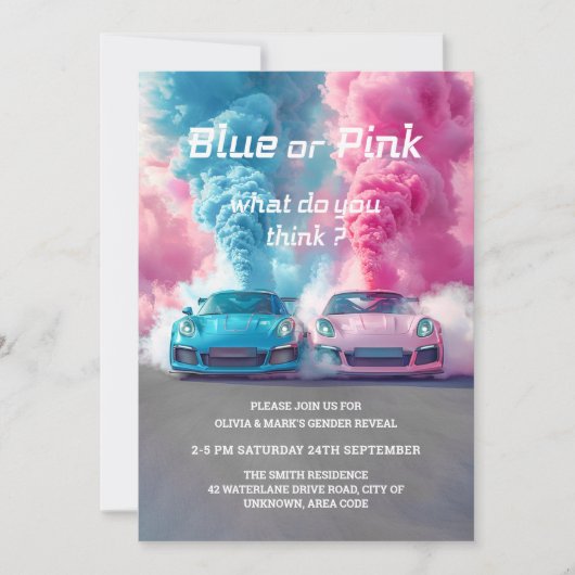 Blauw Roze Rook Race Auto Burnouts Geslacht Onthul Kaart (Voorkant)