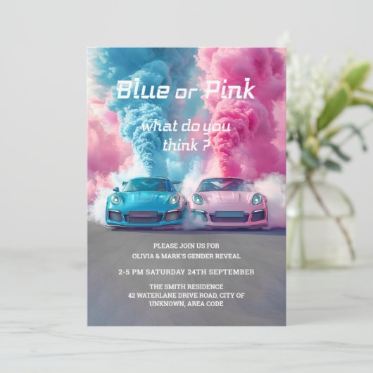 Blauw Roze Rook Race Auto Burnouts Geslacht Onthul Kaart (Staand voorkant)