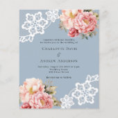 Blauw roze roos goud bloemenkant bruiloft uitnodig (Voorkant)