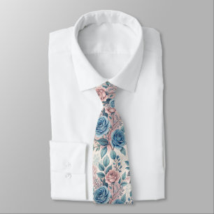 Blauw & Roze Roospatroon op Zachte Roze-Witte Onde Stropdas