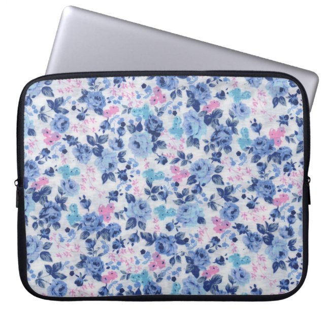  blauw roze Rozen Floral Patroon Laptop Sleeve (Voorkant)