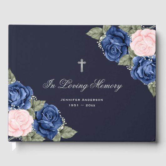 Blauw roze rozen zilver, gedenkheroriënteerde begr gastenboek (Voorkant)