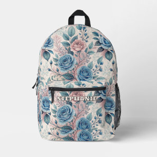 Blauw & Roze Rozenpatroon op Zacht Pinkish-Wit Bedrukte Rugzak