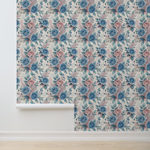 Blauw & Roze Rozenpatroon op Zacht Pinkish-Wit Behang