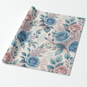 Blauw & Roze Rozenpatroon op Zacht Pinkish-Wit Cadeaupapier