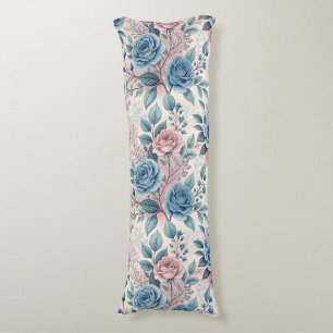 Blauw & Roze Rozenpatroon op Zacht Pinkish-Wit Lichaamskussen