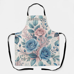 Blauw & Roze Rozenpatroon op Zacht Pinkish-Wit Schort