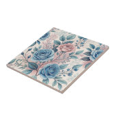 Blauw & Roze Rozenpatroon op Zacht Pinkish-Wit Tegeltje (Zijkant)