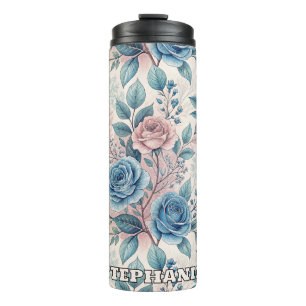 Blauw & Roze Rozenpatroon op Zacht Pinkish-Wit Thermosbeker