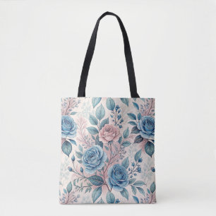 Blauw & Roze Rozenpatroon op Zacht Pinkish-Wit Tote Bag