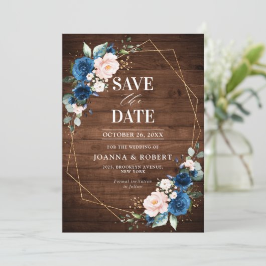 Blauw Roze Rustiek Houten Gouden Geometrische Trou Save The Date (Staand voorkant)