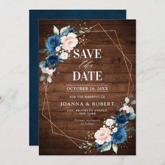 Blauw Roze Rustiek Houten Gouden Geometrische Trou Save The Date (Voorkant / Achterkant)