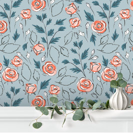 Blauw Roze Schattige Baby Meisje Bloemen Behang