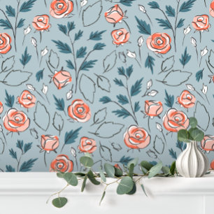 Blauw Roze Schattige Baby Meisje Bloemen Behang