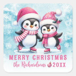Blauw Roze Schattigee Pinguïns Custom Merry Christ Vierkante Sticker