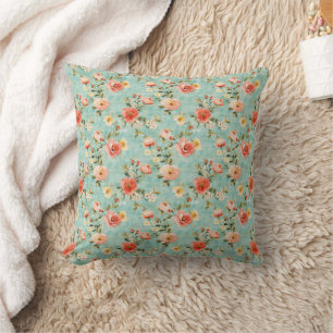 Blauw Roze Shabby Chic Vintage Waterverf Bloemmoti Kussen