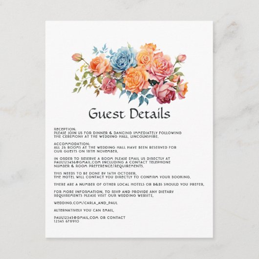 Blauw, Roze, Sinaasappel en Groen Bloemen Gast Det Informatiekaartje (Voorkant)