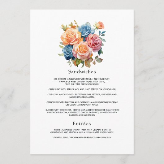 Blauw, Roze, Sinaasappel, en Groene Bloemenhuwelij Menu (Achterkant)