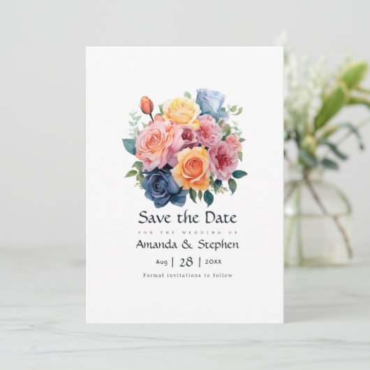 Blauw, Roze, Sinaasappel, en Groene Bloemenhuwelij Save The Date (Staand voorkant)