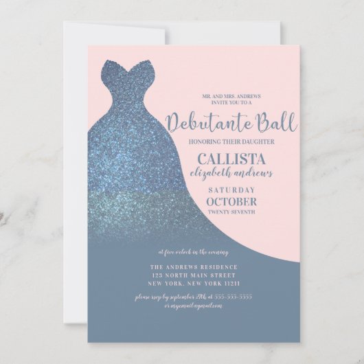 Blauw Roze Sparkly Glitter Jurk Debutante Dans Kaart (Voorkant)