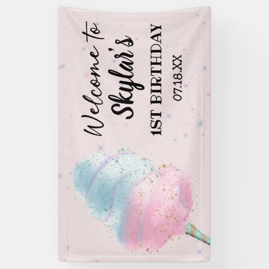 Blauw Roze Suikerspin BronsGoud Glitter Verjaardag Spandoek (Verticaal)