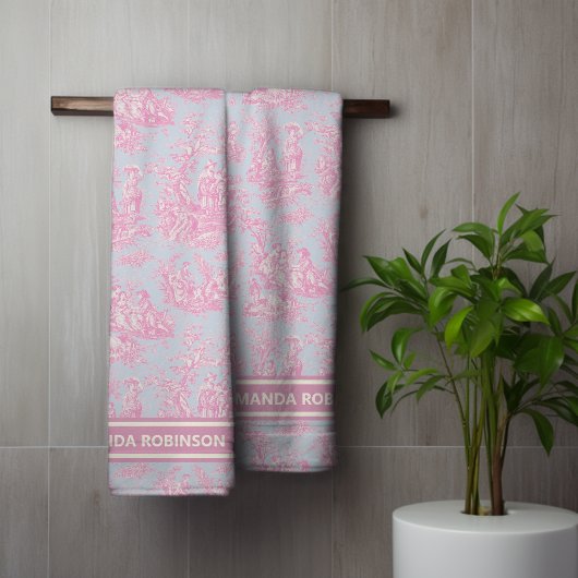 blauw roze Toile de Jouy bedrukt Bad Handdoek