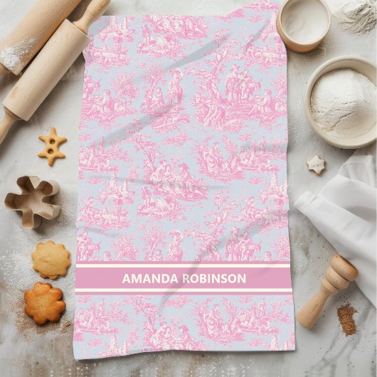 blauw roze Toile de Jouy bedrukt Theedoek