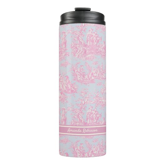 blauw roze Toile de Jouy bedrukt Thermosbeker (Voorkant)