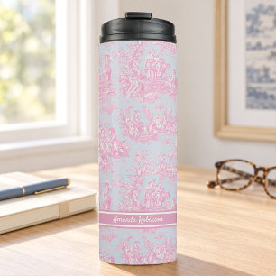 blauw roze Toile de Jouy bedrukt Thermosbeker