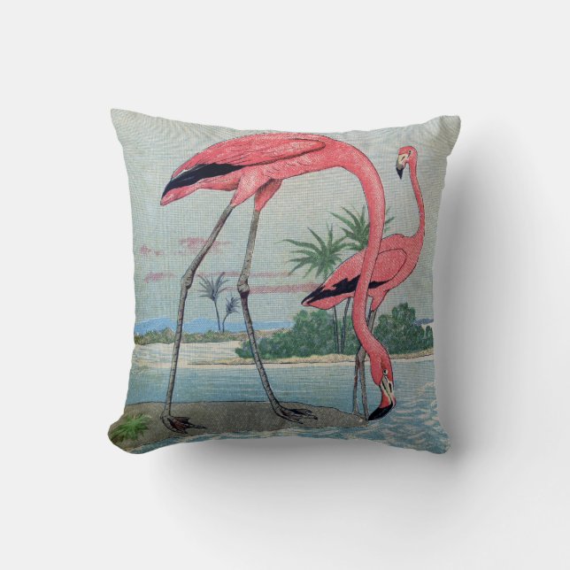 blauw roze tropisch flamingo oud schilderij kussen (Voorkant)