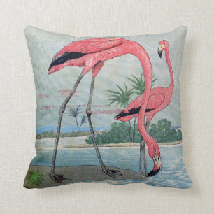 blauw roze tropisch flamingo oud schilderij kussen
