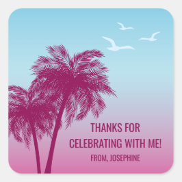 Blauw Roze Tropische Palmbomen Verjaardag Bedankt Vierkante Sticker