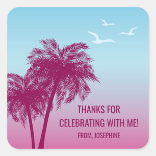 Blauw Roze Tropische Palmbomen Verjaardag Bedankt Vierkante Sticker