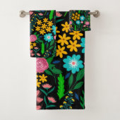 blauw roze tuin bloemen zwart design bad handdoek (Insitu)