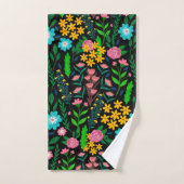  blauw roze tuin bloemen zwart design bad handdoek (Handdoek)