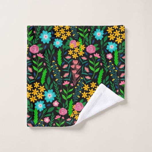 blauw roze tuin bloemen zwart design bad handdoek (Wasdoekje)