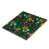 blauw roze tuin bloemen zwart design tegeltje (Zijkant)