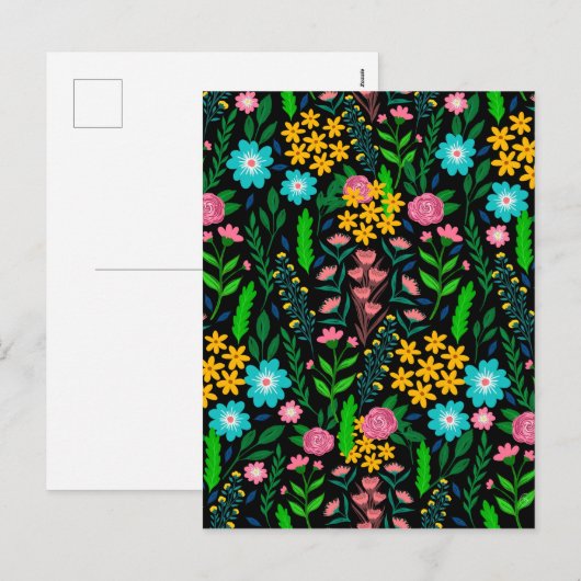  Blauw Roze Tuinbloemen Zwart Design Feestdagenkaart (Voorkant / Achterkant)