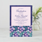 Blauw Roze Tulpen Bloemen Waterverf Afstuderen Kaart (Staand voorkant)