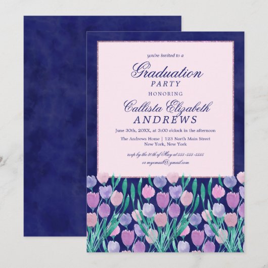 Blauw Roze Tulpen Bloemen Waterverf Afstuderen Kaart (Voorkant / Achterkant)