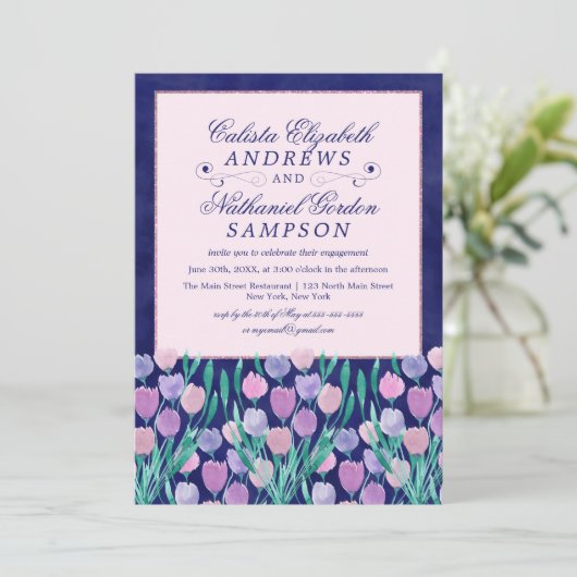 Blauw Roze Tulpen Bloemen Waterverf Verloving Kaart (Staand voorkant)