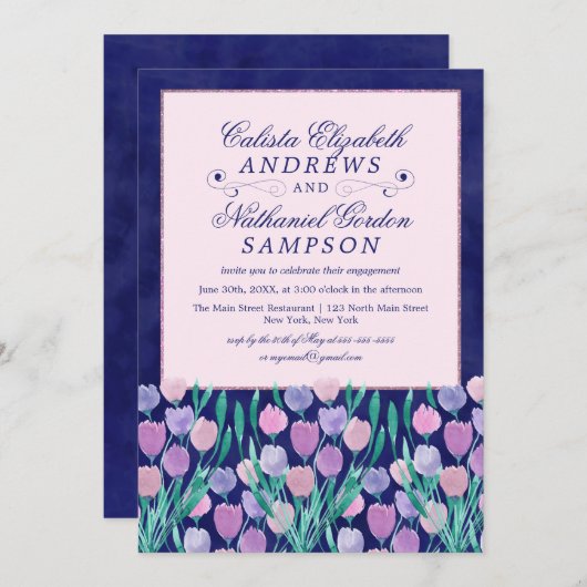 Blauw Roze Tulpen Bloemen Waterverf Verloving Kaart (Voorkant / Achterkant)