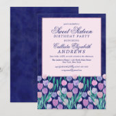  Blauw Roze Tulpen Floral Waterverf Sweet 16 Kaart (Voorkant / Achterkant)