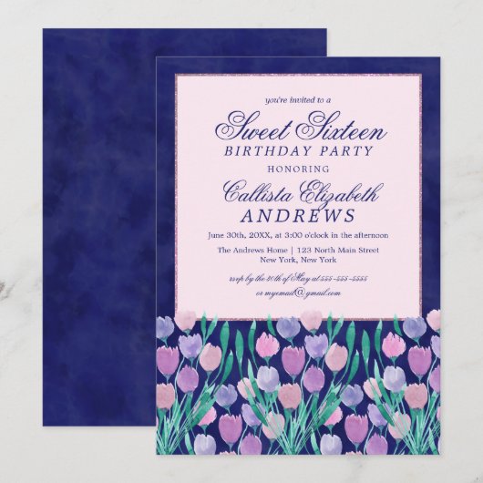  Blauw Roze Tulpen Floral Waterverf Sweet 16 Kaart (Voorkant / Achterkant)
